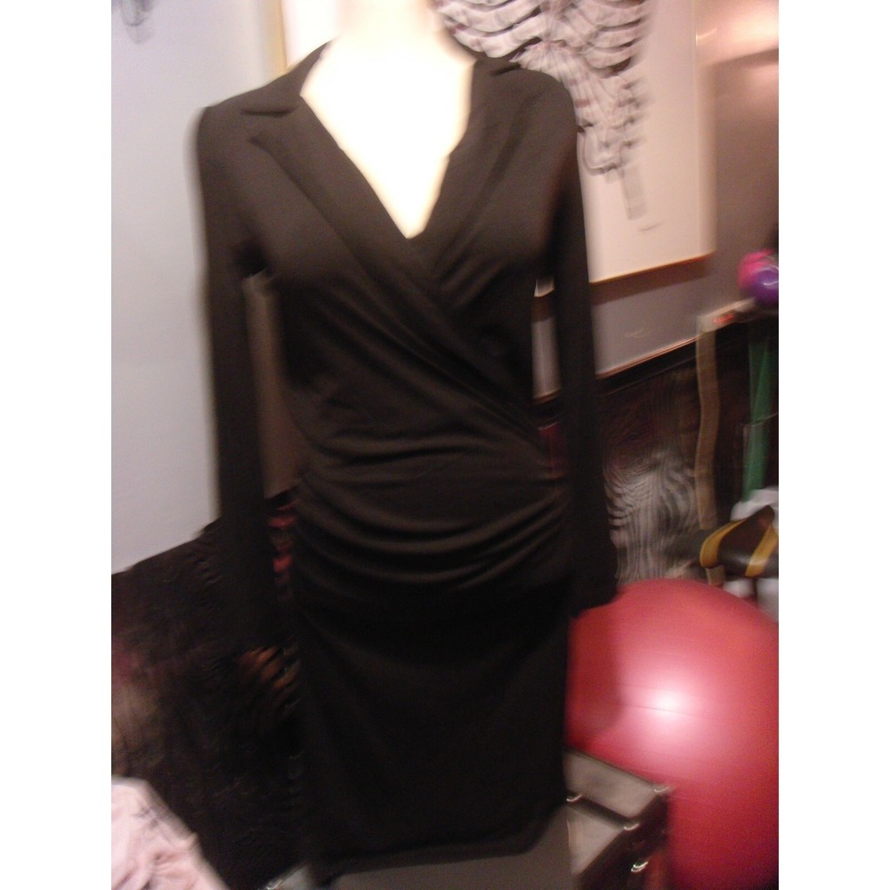 ABS Allen Schwartz Black small‎ dress long sleeve collared v-neck side scrunch